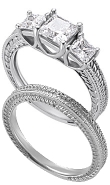 Platinum Princess Three Stone Ring with Leaf Pattern Engraving and Matching Band (1 ct. tw.)