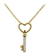 14K Yellow Gold Heart Key Pendant with 18 Inch Rope Chain (.10 ct. tw.)                                                                                                                                                          