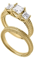 14K Yellow Gold Princess Three Stone Ring with Leaf Pattern Engraving and Matching Band (1 ct. tw.)