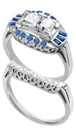 Platinum Two Stone Engagement Ring with Diamonds & Sapphires & Matching Diamond Wedding Band