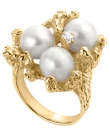 14K Yellow Gold Coral Ring with White Pearls and HI1 diamonds