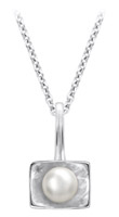 14K White Gold Rectangular Pendant with White Pearl on Cable Chain